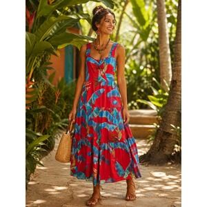 Farm Rio Red Sweet Jungle Midi Dress Tropical Banana Leaf Tiered Size Large